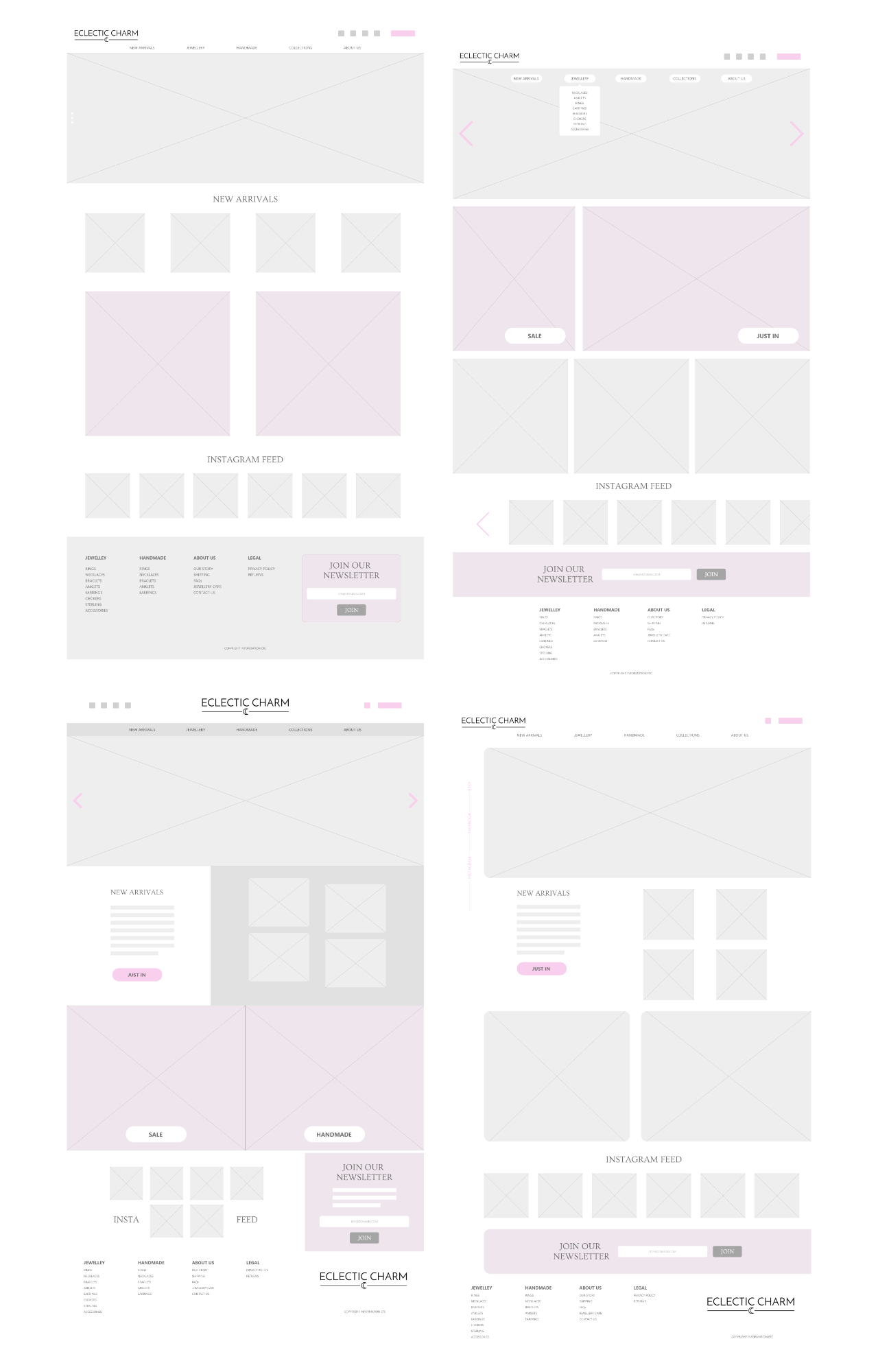 Four homepage variant wireframes.